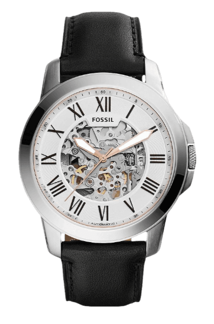 Fossil Grant Automatic Skeleton White Dial Black Leather Strap Watch for Men - ME3101