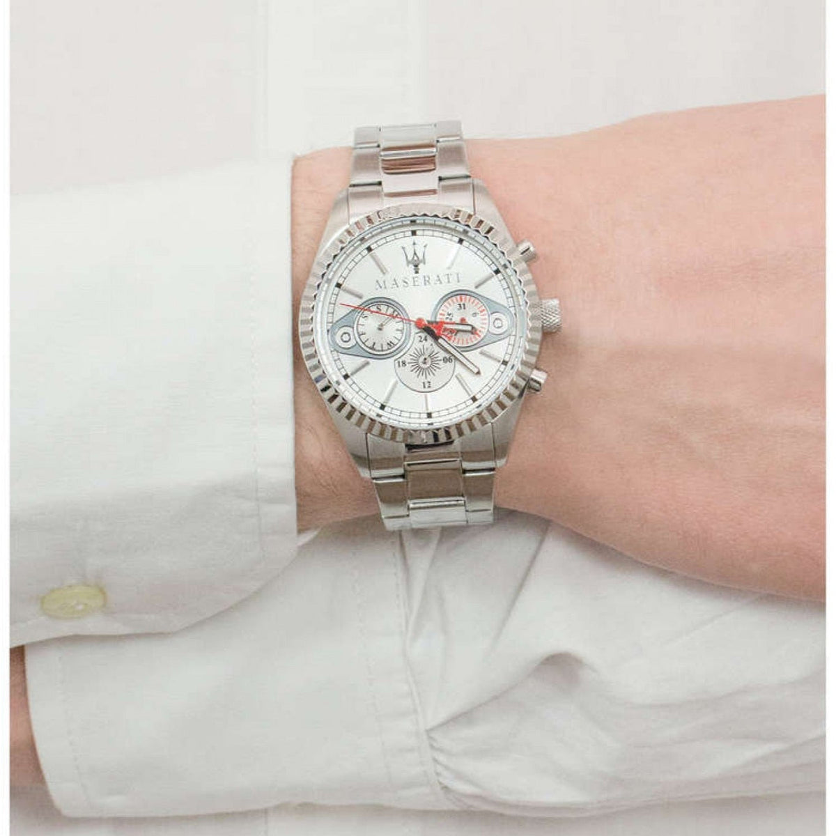 Maserati Competizione Chronograph White Dial Silver Steel Strap Watch For Men - R8853100017