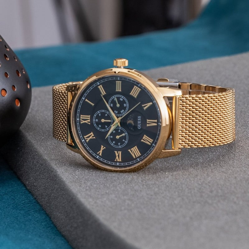 Guess Delancy Black Dial Gold Mesh Bracelet Watch for Men - W0871G2