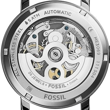 Fossil Boyfriend Automatic Skeleton Silver Dial White Leather Strap Watch for Women - ME3069