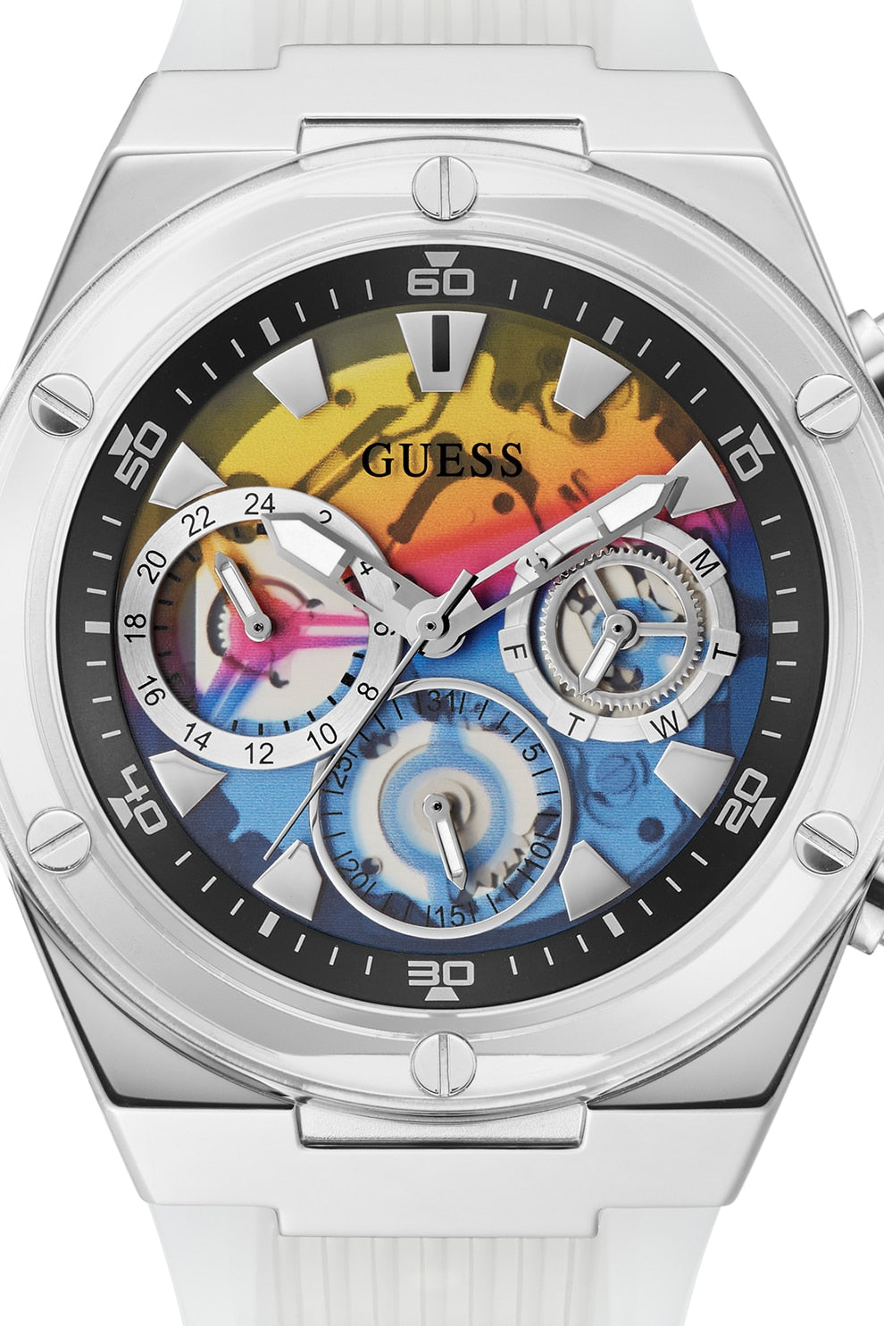 Guess Poseidon Chronograph Rainbow Dial White Silicone Strap Watch For Men - GW0425G4