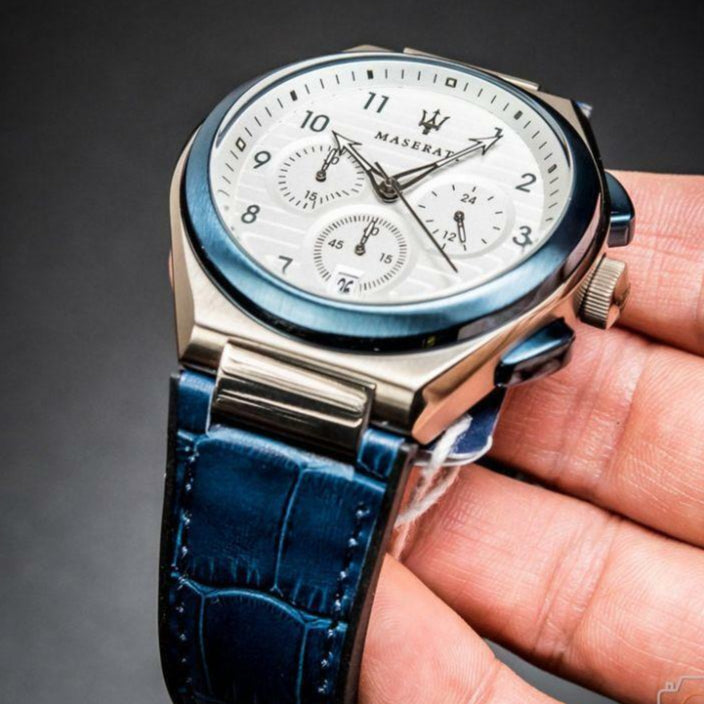 Maserati Triconic Chronograph White Dial Blue Leather Strap Watch For Men - R8871639001