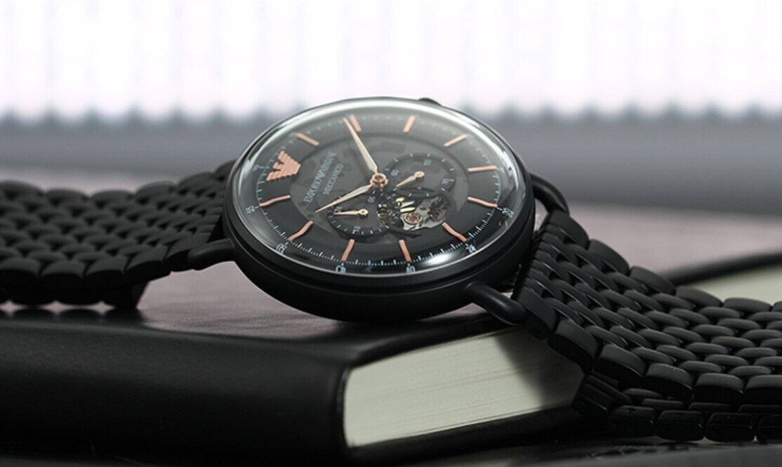 Emporio Armani Meccanico Automatic Black Dial Black Mesh Bracelet Watch For Men - AR60025