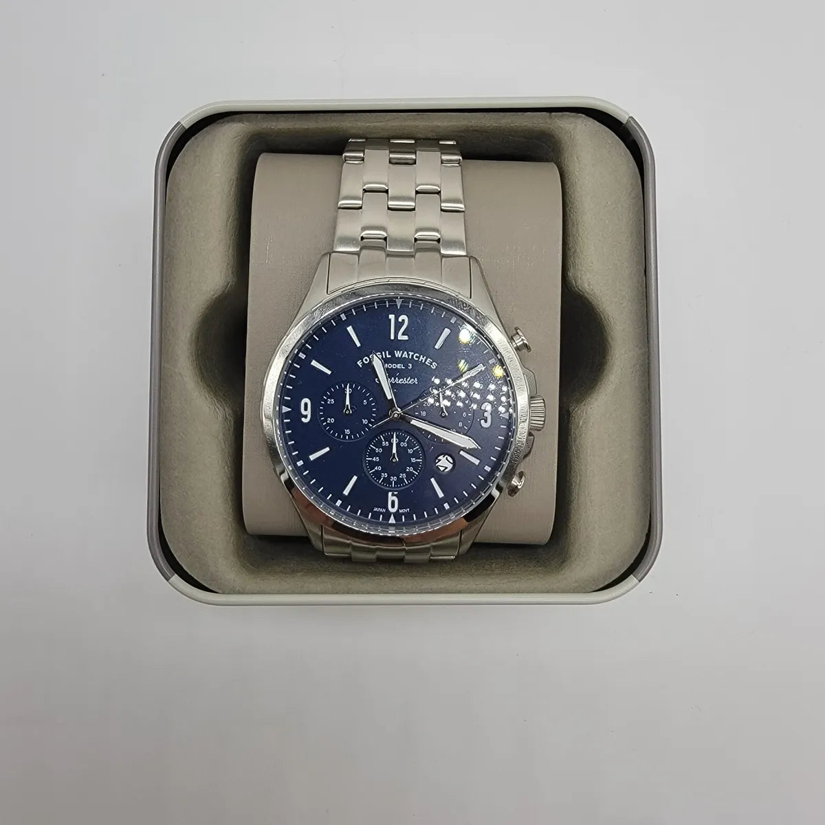 Fossil Forrester Chronograph Blue Dial Silver Steel Strap Watch for Men - FS5605