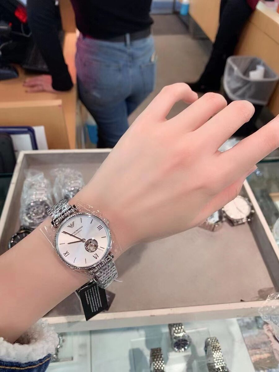 Emporio Armani Meccanico Gianni T-Bar Automatic Silver Dial Silver Steel Strap Watch For Women - AR60022