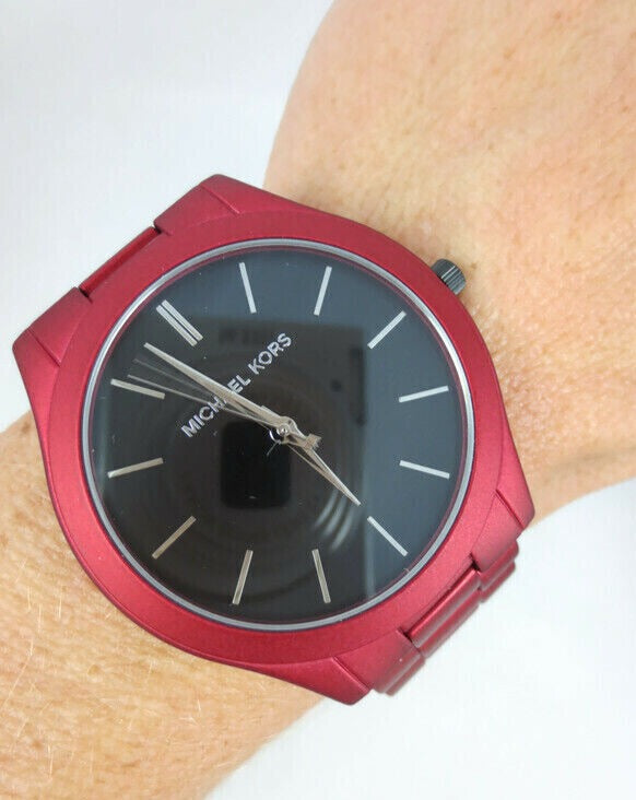 Michael Kors Slim Runway Quartz Black Dial Red Steel Strap Watch for Men - MK8712