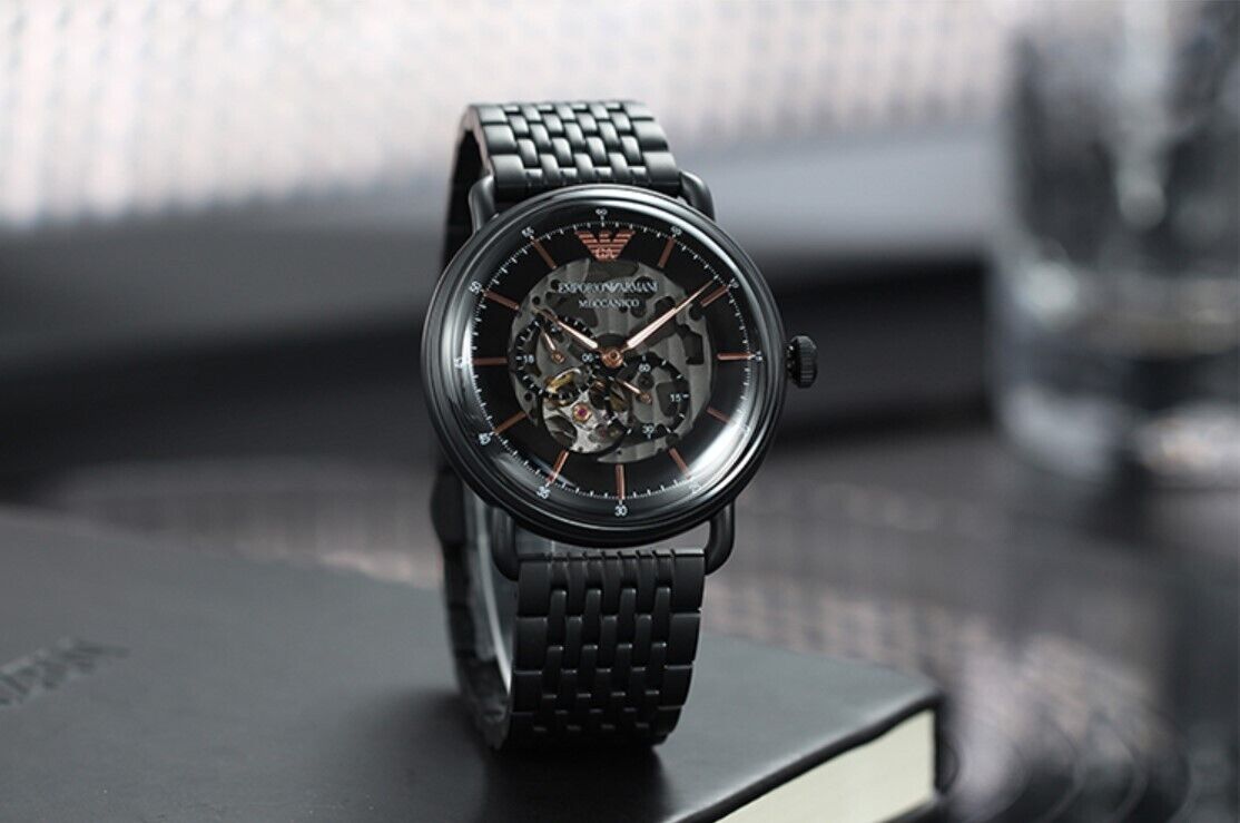Emporio Armani Meccanico Automatic Black Dial Black Mesh Bracelet Watch For Men - AR60025