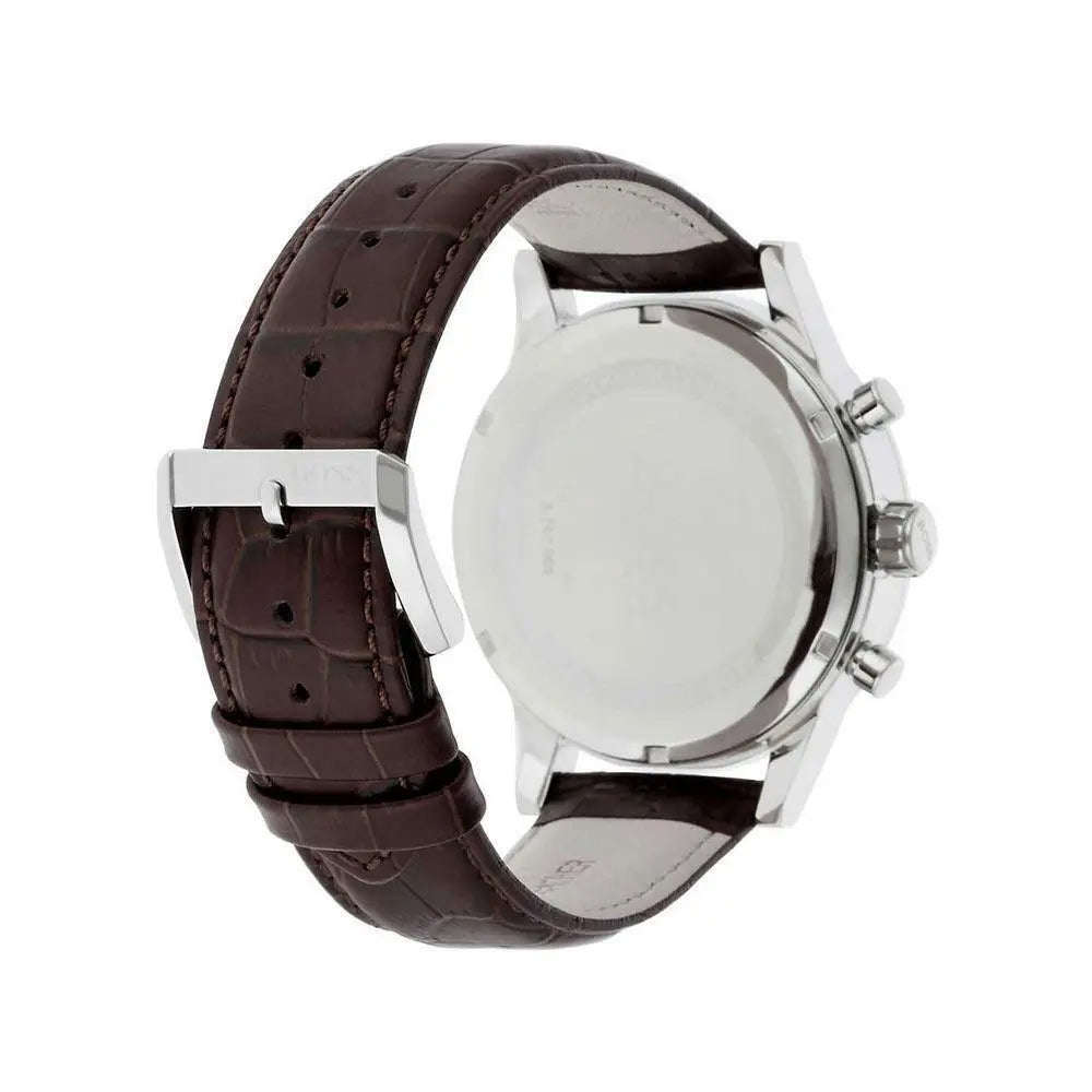 Hugo Boss Aeroliner Chronoraph White Dial Brown Leather Strap Watch For Men - 1512447
