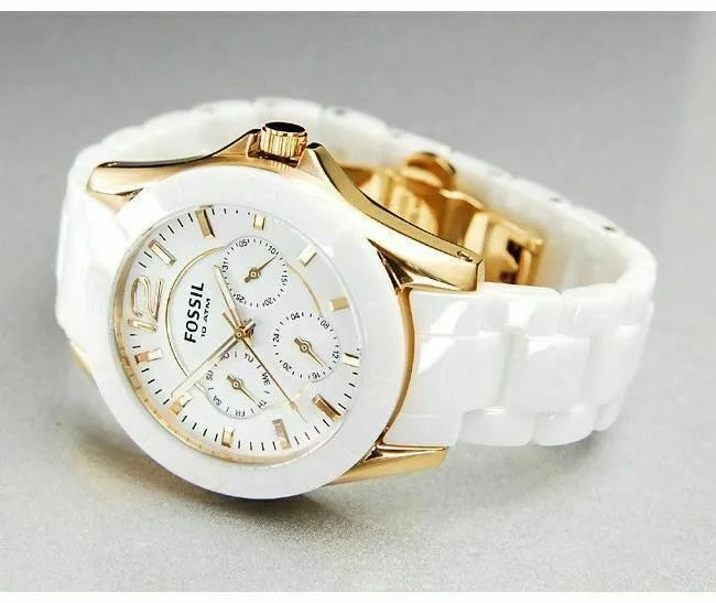 Fossil Ceramic Multifunction White Dial White Steel Strap Watch for Women - CE1006
