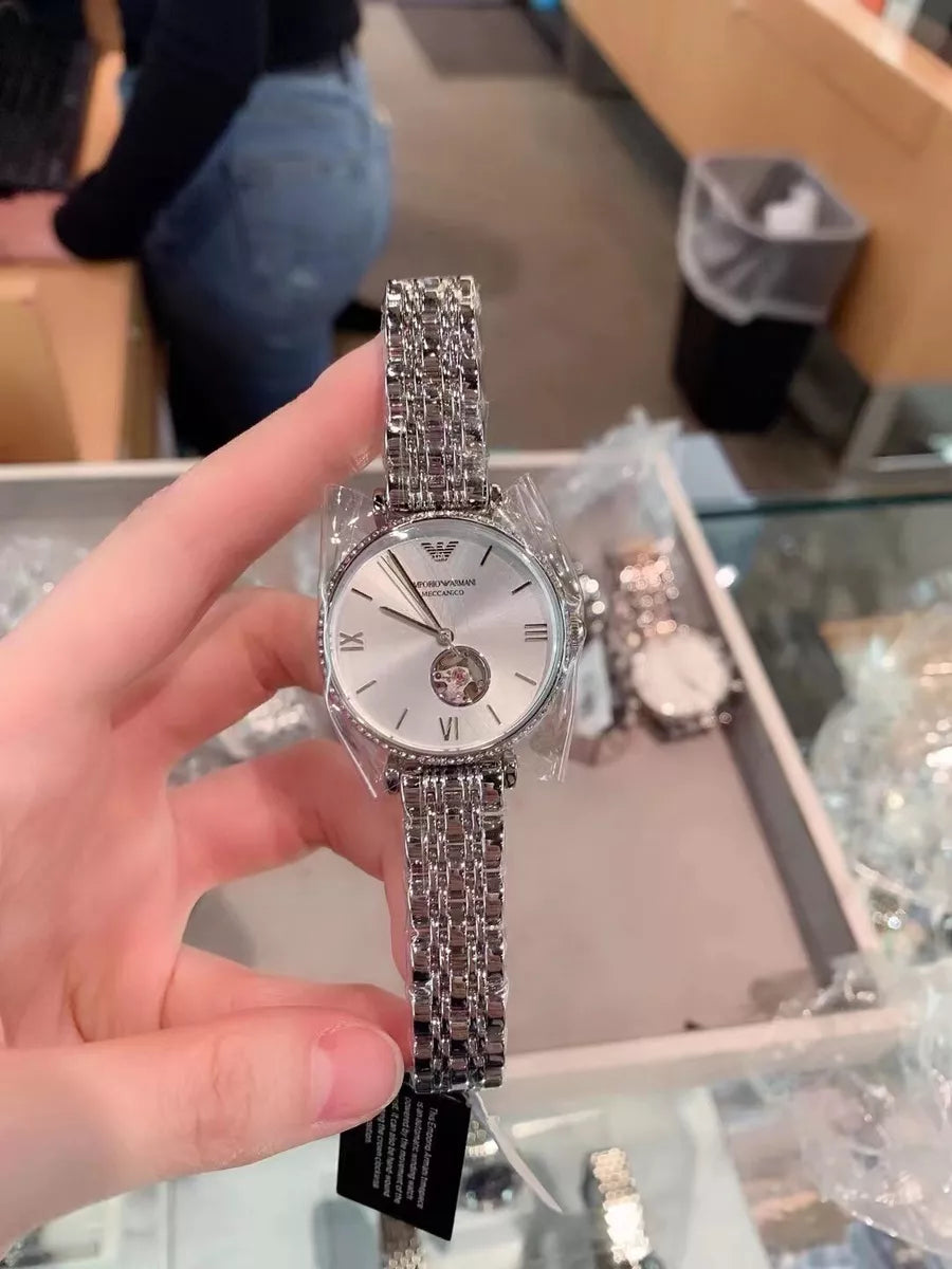 Emporio Armani Meccanico Gianni T-Bar Automatic Silver Dial Silver Steel Strap Watch For Women - AR60022