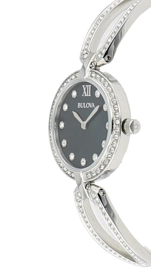 Bulova Crystal Black Mother of Pearl Dial Silver Steel Strap Watch for Women - 96L224