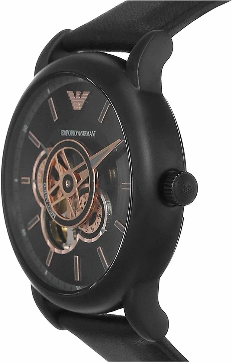 Emporio Armani Luigi Automatic Skeleton Black Dial Black Leather Strap Watch For Men - AR60012