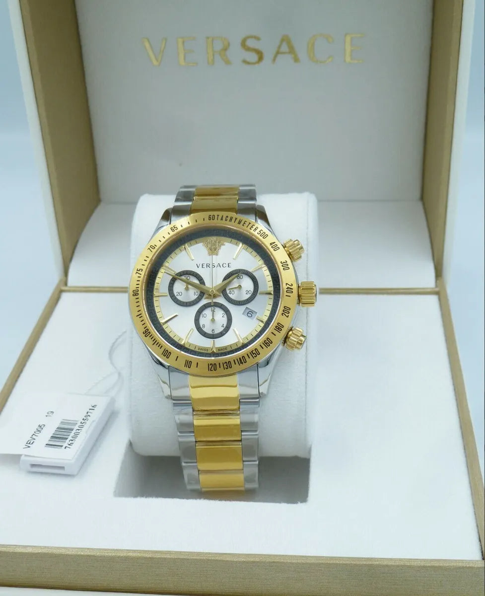 Versace Classic Chronograph Quartz Silver Dial Two Tone Steel Strap Watch For Men - VEV700519