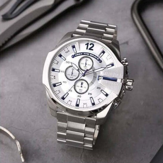 Diesel Mega Chief Chronograph Silver Dial Silver Steel Strap Watch For Men - DZ4477