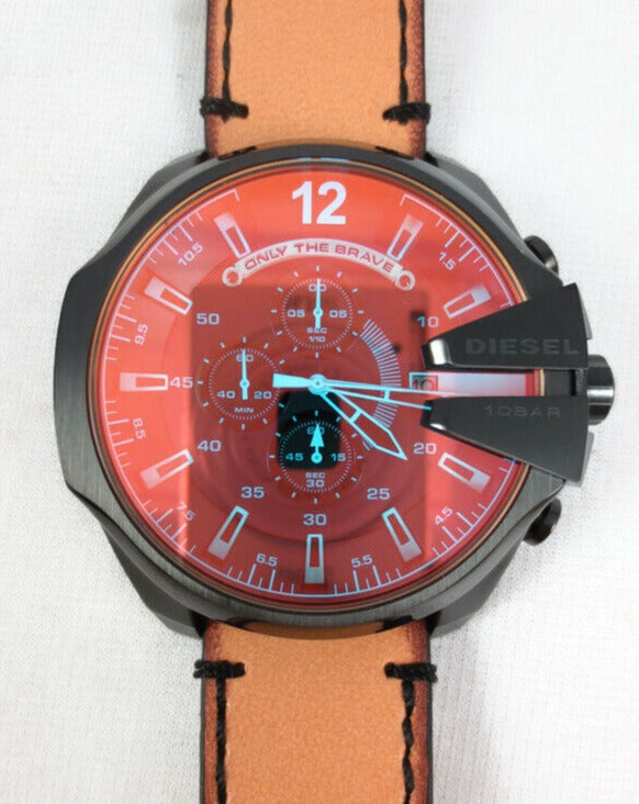 Diesel Mega Chief Chronograph Black Dial Brown Leather Strap Watch For Men - DZ4476