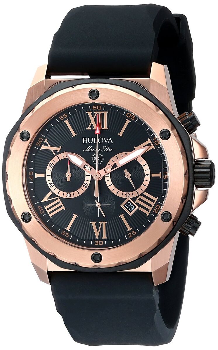 Bulova Marine Star Chronograph Black Dial Black Rubber Strap Watch for Men - 98B104