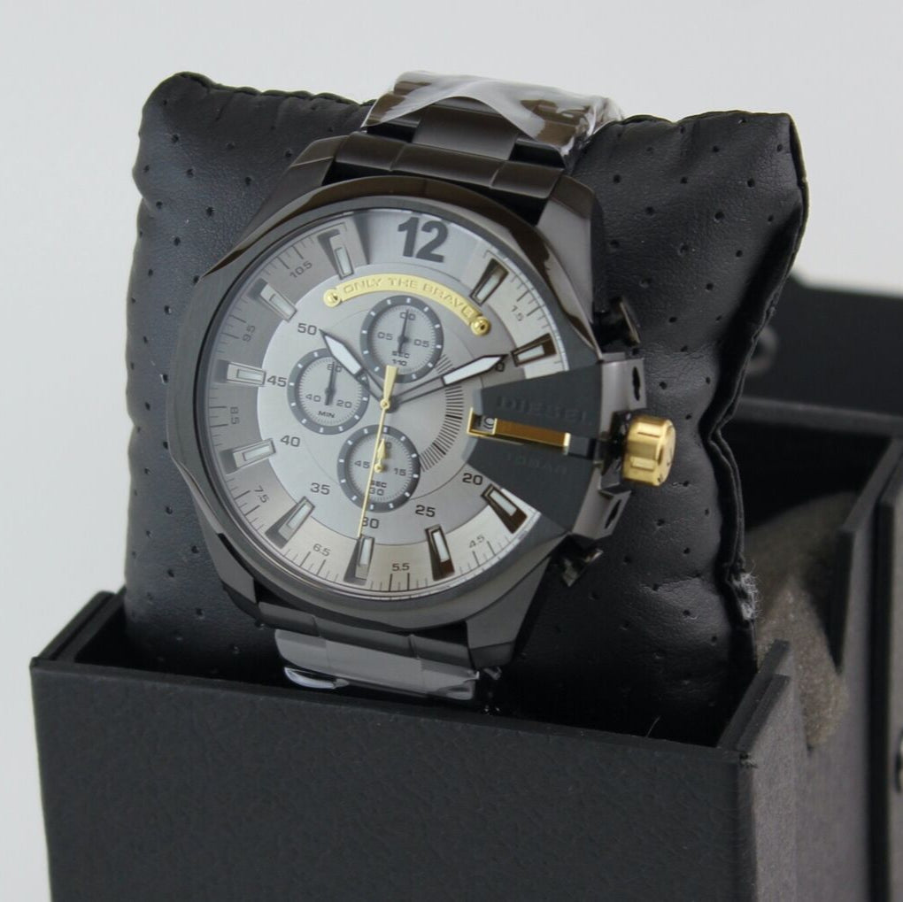 Diesel Mega Chief Chronograph Grey Dial Black Steel Strap Watch For Men - DZ4479