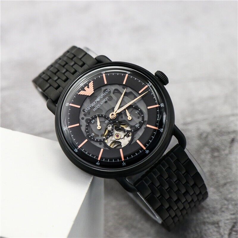 Emporio Armani Meccanico Automatic Black Dial Black Mesh Bracelet Watch For Men - AR60025