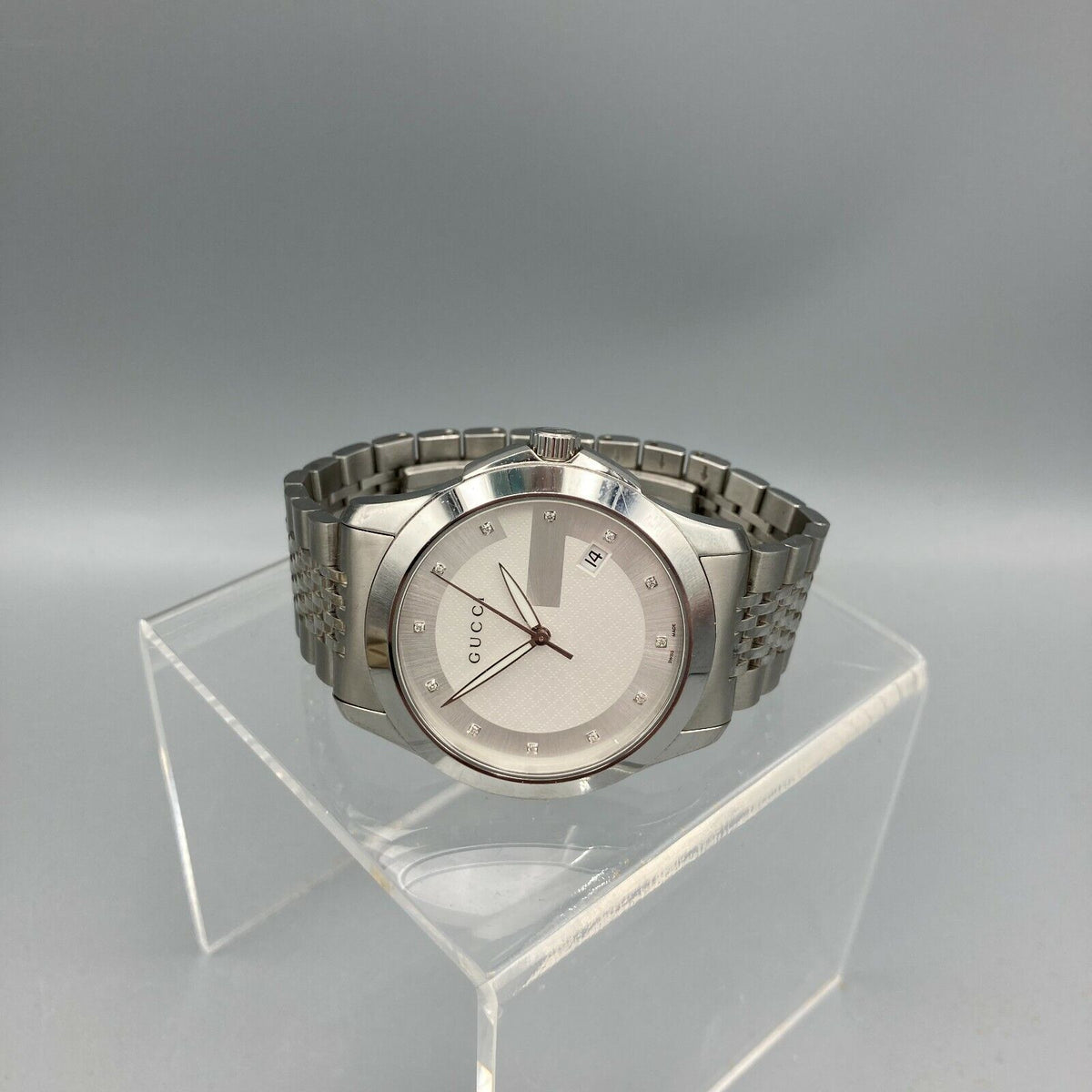  Shop Authentic Gucci G Timeless Diamonds Silver Dial Silver Steel Strap Watch For Men - YA126404 - Luxxuri
