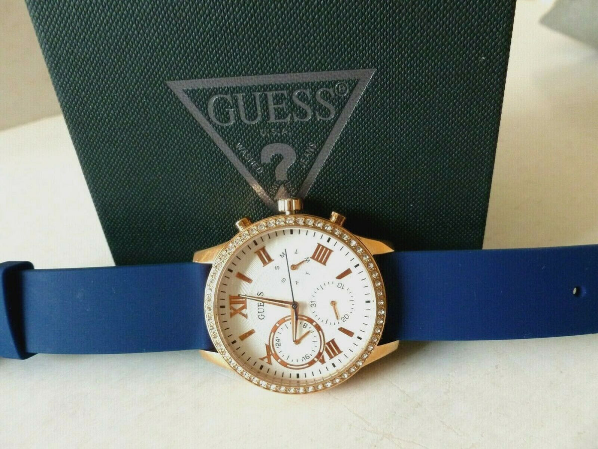 Guess Solar White Rose Gold Dial Blue Rubber Strap Watch For Women - W1135L3