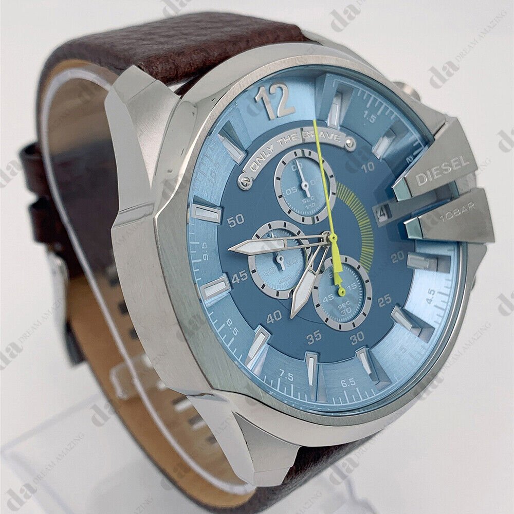 Diesel Mega Chief Chronograph Blue Dial Brown Leather Strap Watch For Men - DZ4281