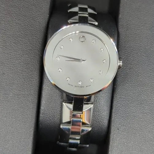 Movado Sapphire Diamonds Silver Dial Silver Steel Strap Watch For Women - 606814