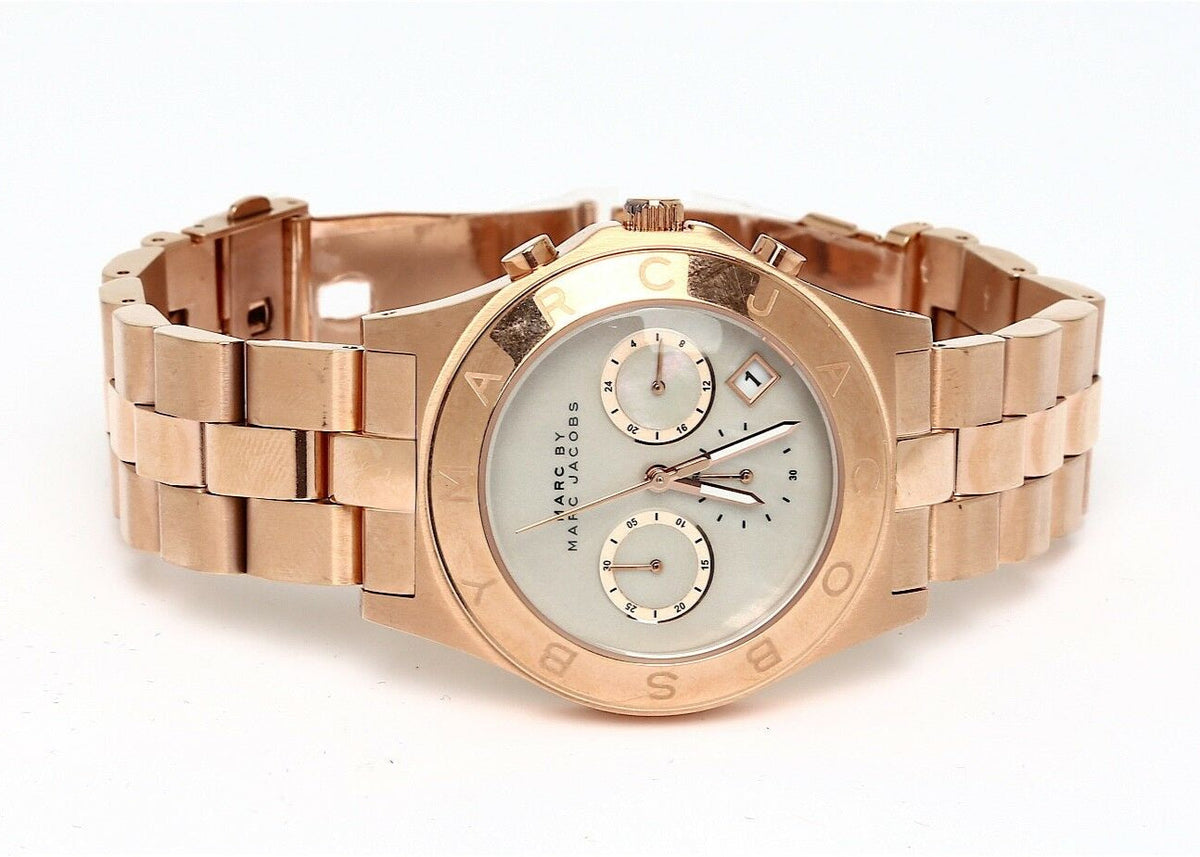 Marc Jacobs Blade Chronograph Mother of Pearl White Dial Rose Gold Steel Strap Watch for Women - MBM8637