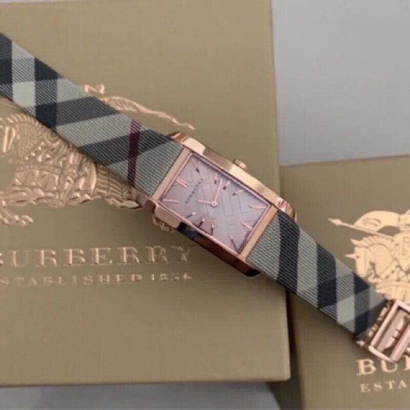 Burberry The Pioneer Rose Gold Dial Haymarket Brown Leather Strap Watch for Women - BU9408