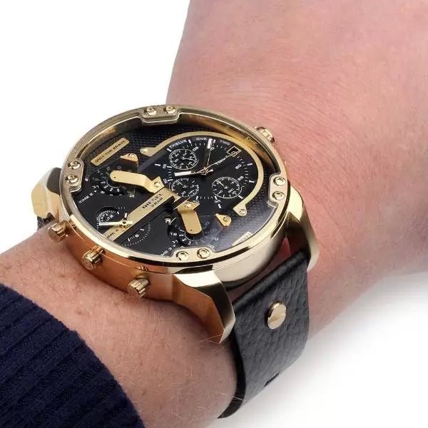 Diesel Mr Daddy Chronograph Black Dial Black Leather Strap Watch For Men - DZ7371