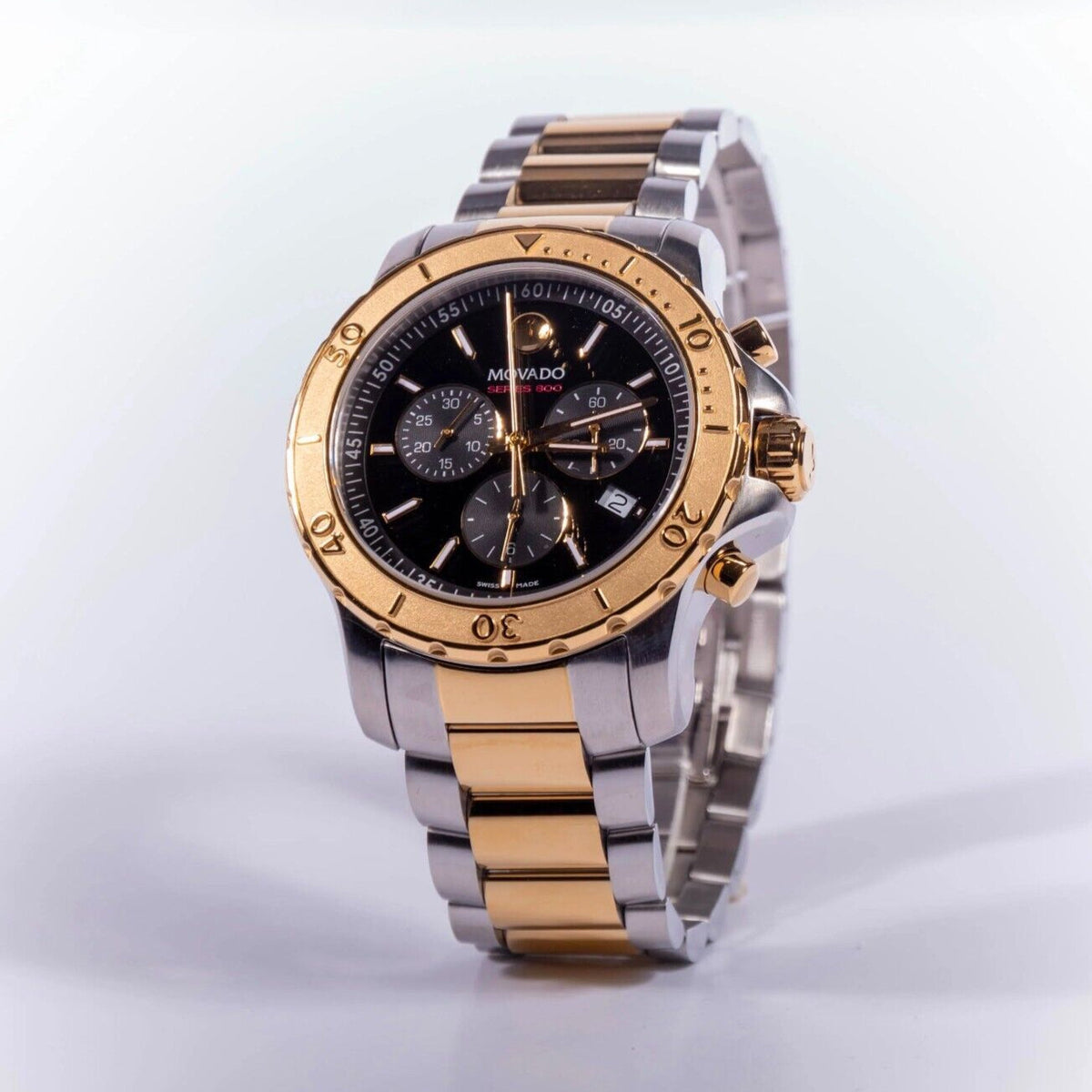 Movado Series 800 Chronograph Black Dial Two Tone Steel Strap Watch For Men - 2600138