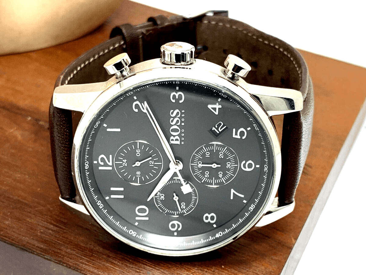 Hugo Boss Navigator Chronograph Grey Dial Brown Leather Strap Watch for Men - 1513494