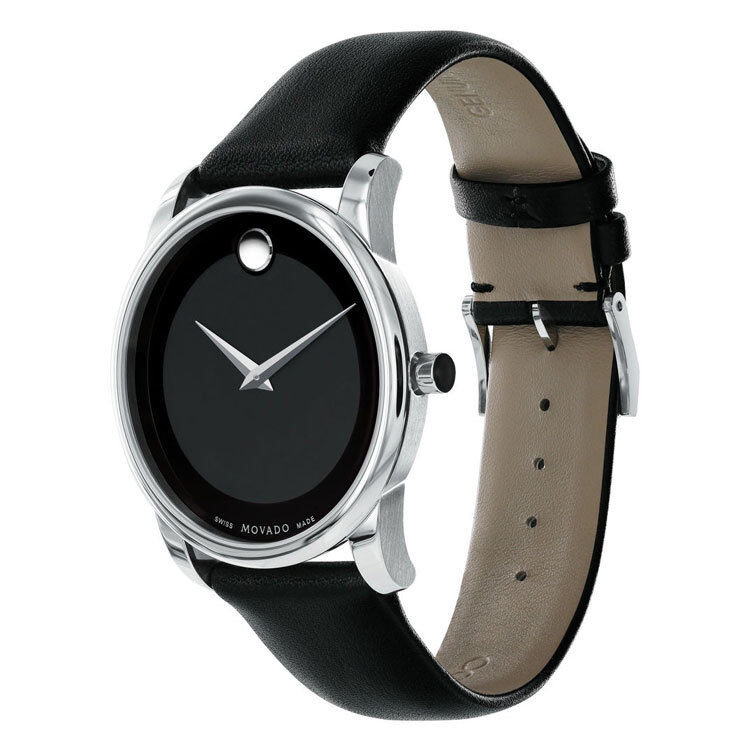 Movado Museum Black Dial Black Leather Strap Watch For Men - 606502