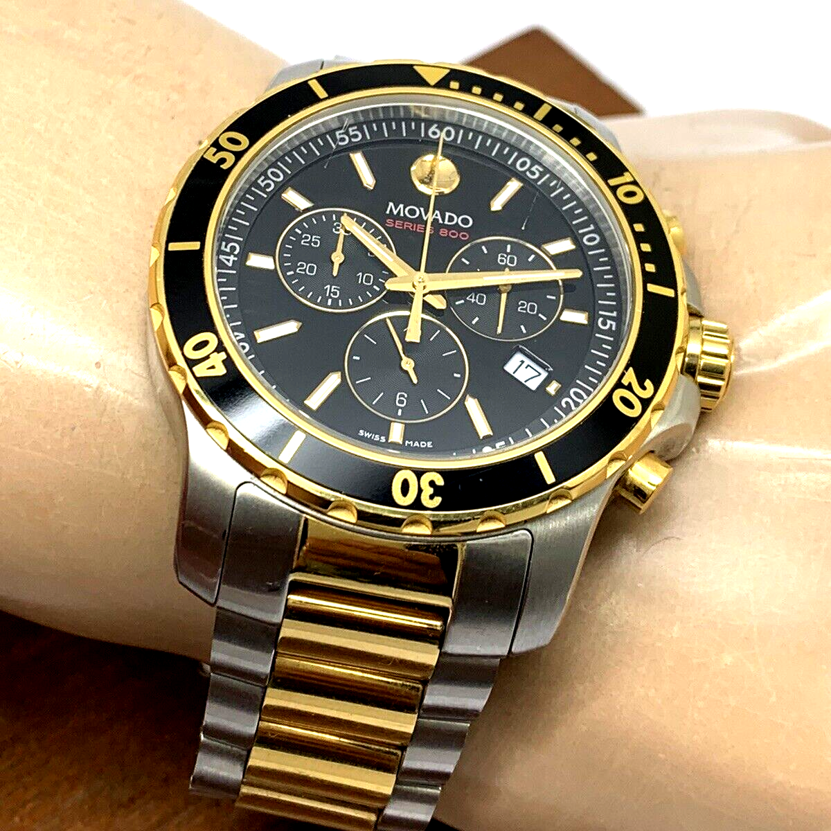 Movado Series 800 Chronograph Black Dial Two Tone Steel Strap Watch For Men - 2600146