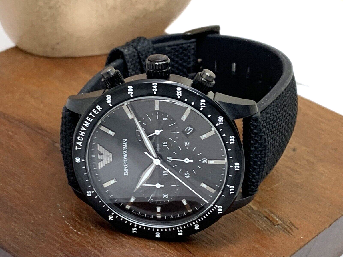 Emporio Armani Mario Chronograph Black Dial Black Nylon Strap Watch For Men - AR11453