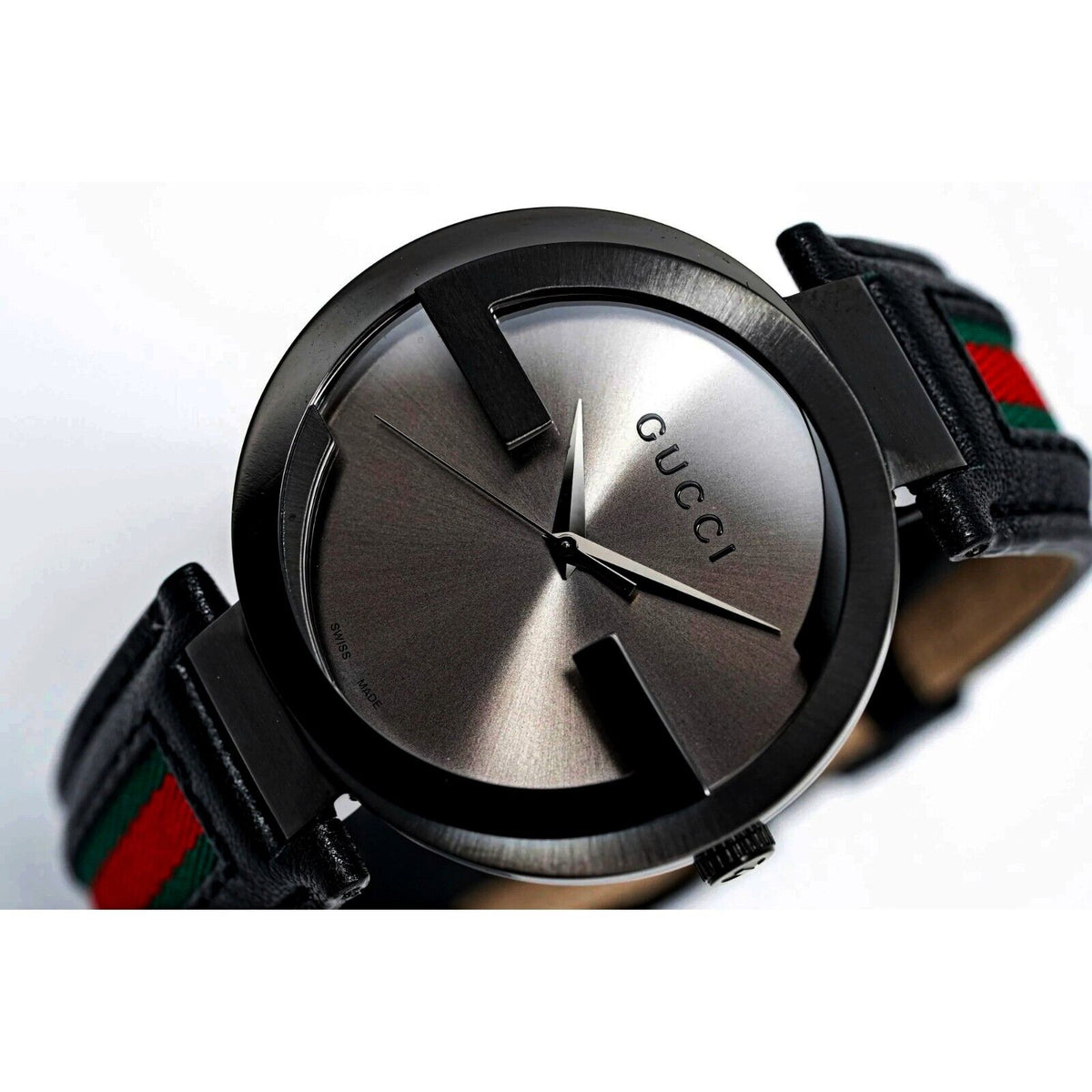 Gucci Interlocking G XL Black Dial Red & Green Leather Strap Watch For Men - YA133206