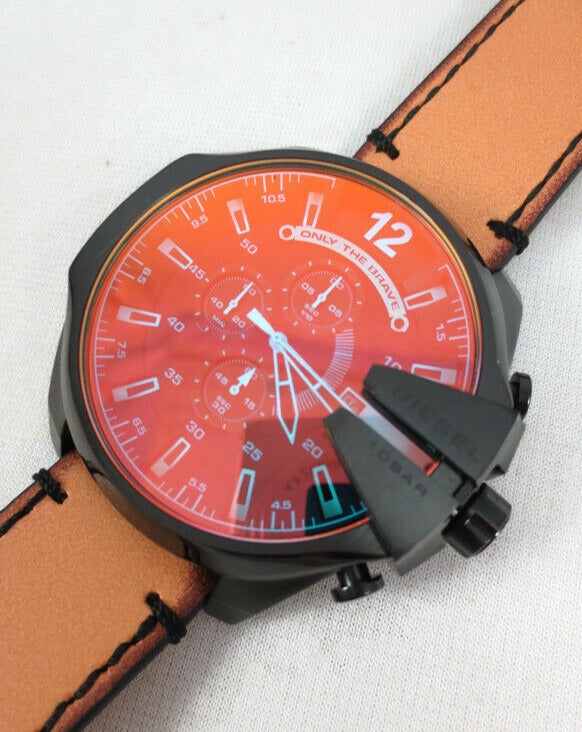 Diesel Mega Chief Chronograph Black Dial Brown Leather Strap Watch For Men - DZ4476