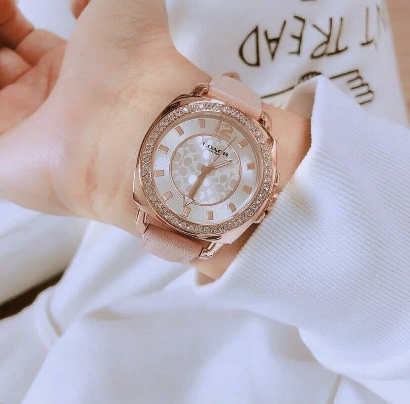 Coach Boyfriend Mother of Pearl White Dial Pink Leather Strap Watch for Women - 14503151
