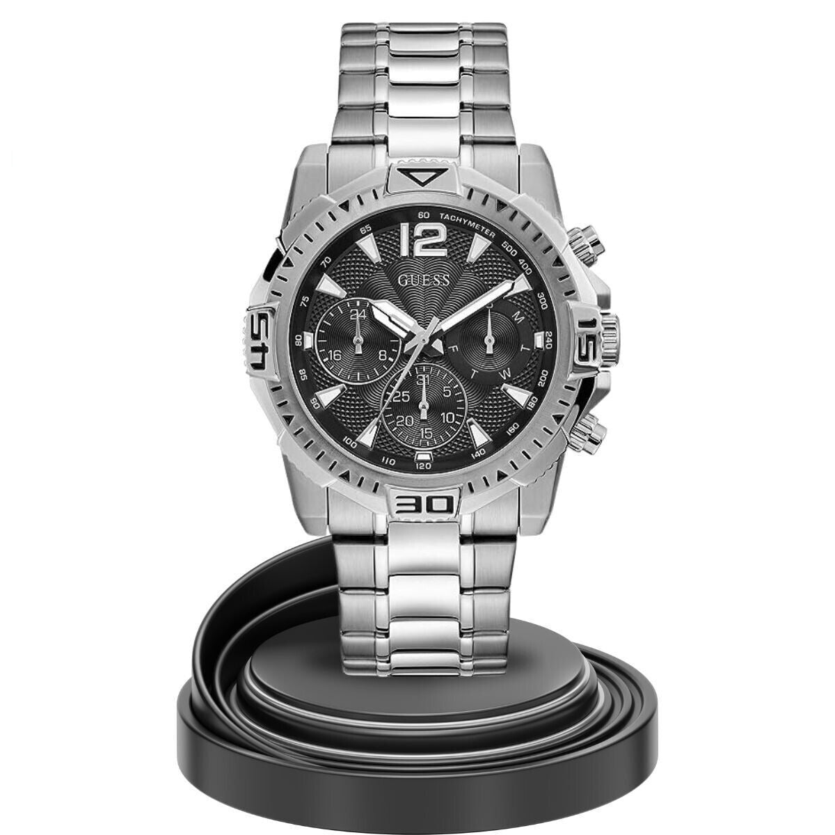 Guess Commander Chronograph Black Dial Silver Steel Strap Watch for Men - GW0056G1