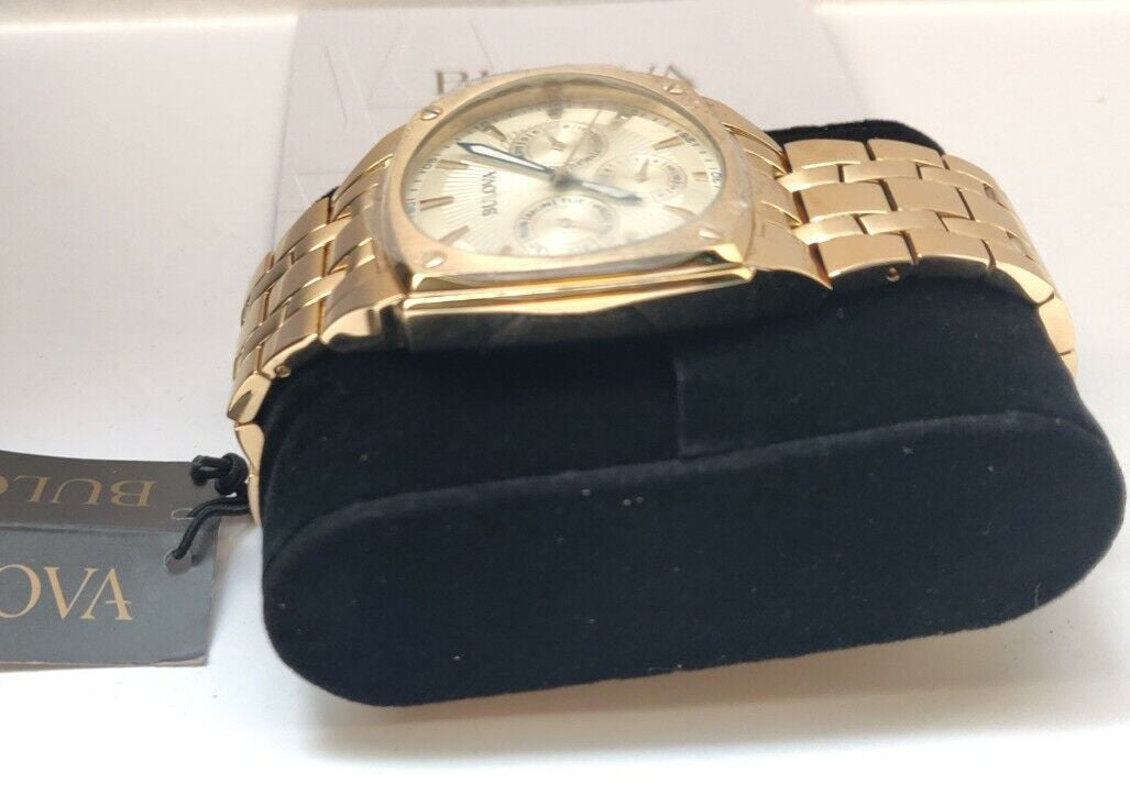 Bulova Multifunction White Dial Gold Steel Strap Watch for Men - 97C105