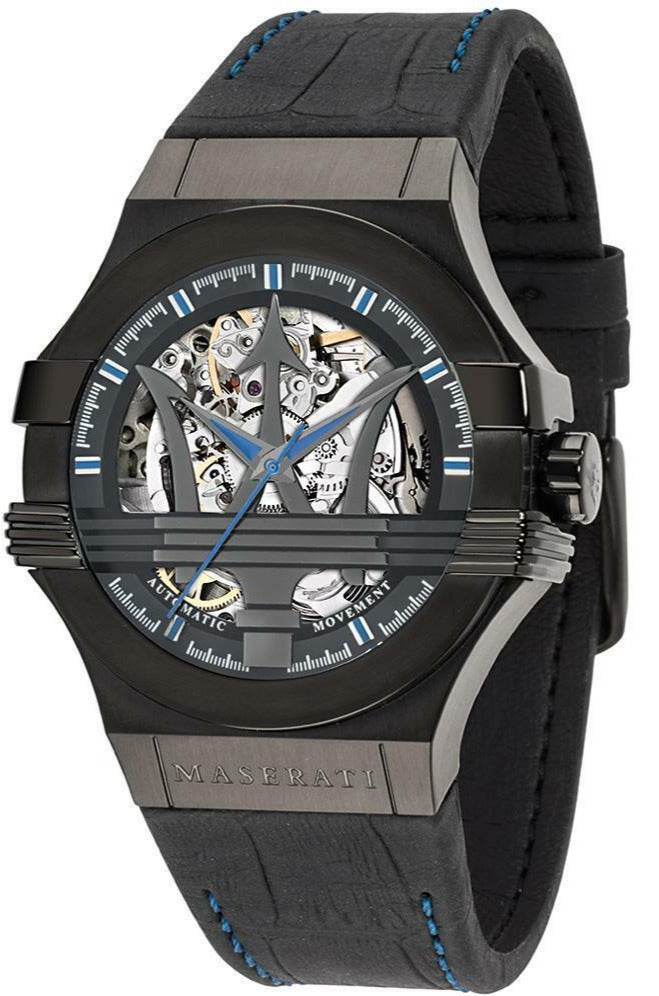 Maserati Potenza Automatic Black Dial Black Leather Strap Watch For Men - R8821108009