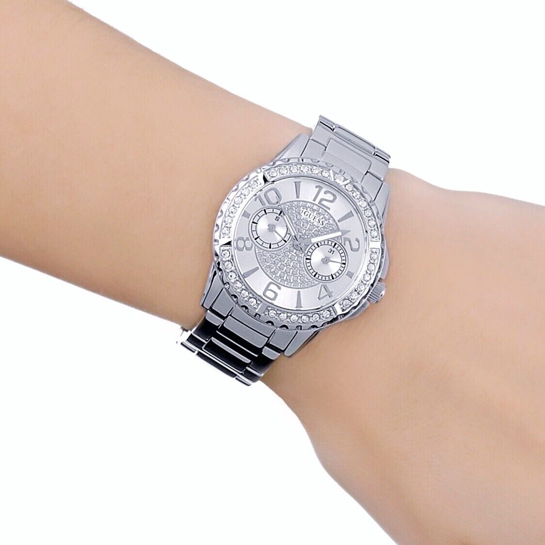Guess Sassy Multifunction Quartz Silver Dial Silver Steel Strap Watch For Women - W0705L1
