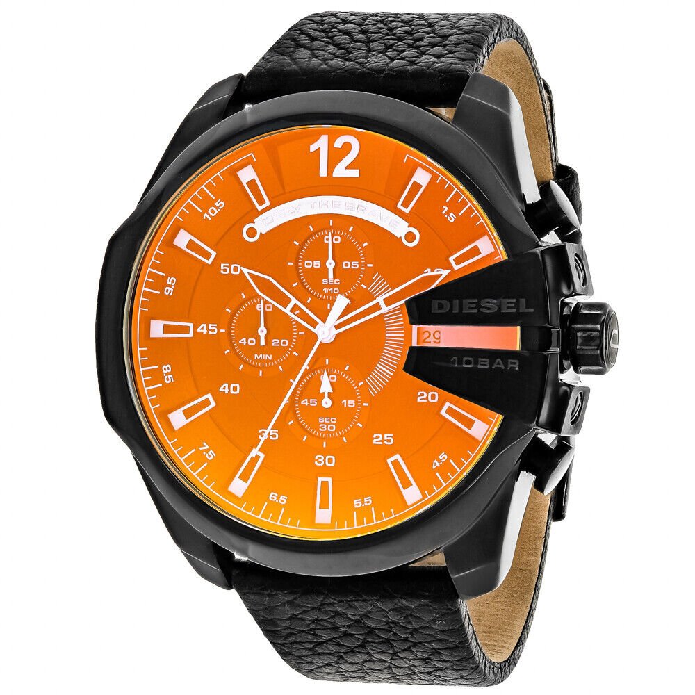Diesel Mega Chief Chronograph Black Dial Black Leather Strap Watch For Men - DZ4323
