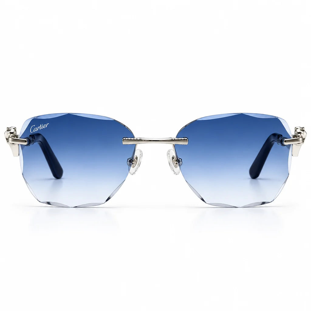 Cartier Panthère de Unisex Rimless Rectangular Blue Gradient Split Diamond Cut Sunglasses