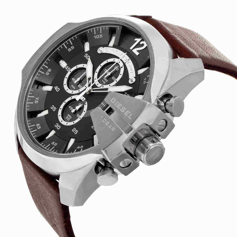 Diesel Mega Chief Chronograph Black Dial Brown Leather Strap Watch For Men - DZ4290