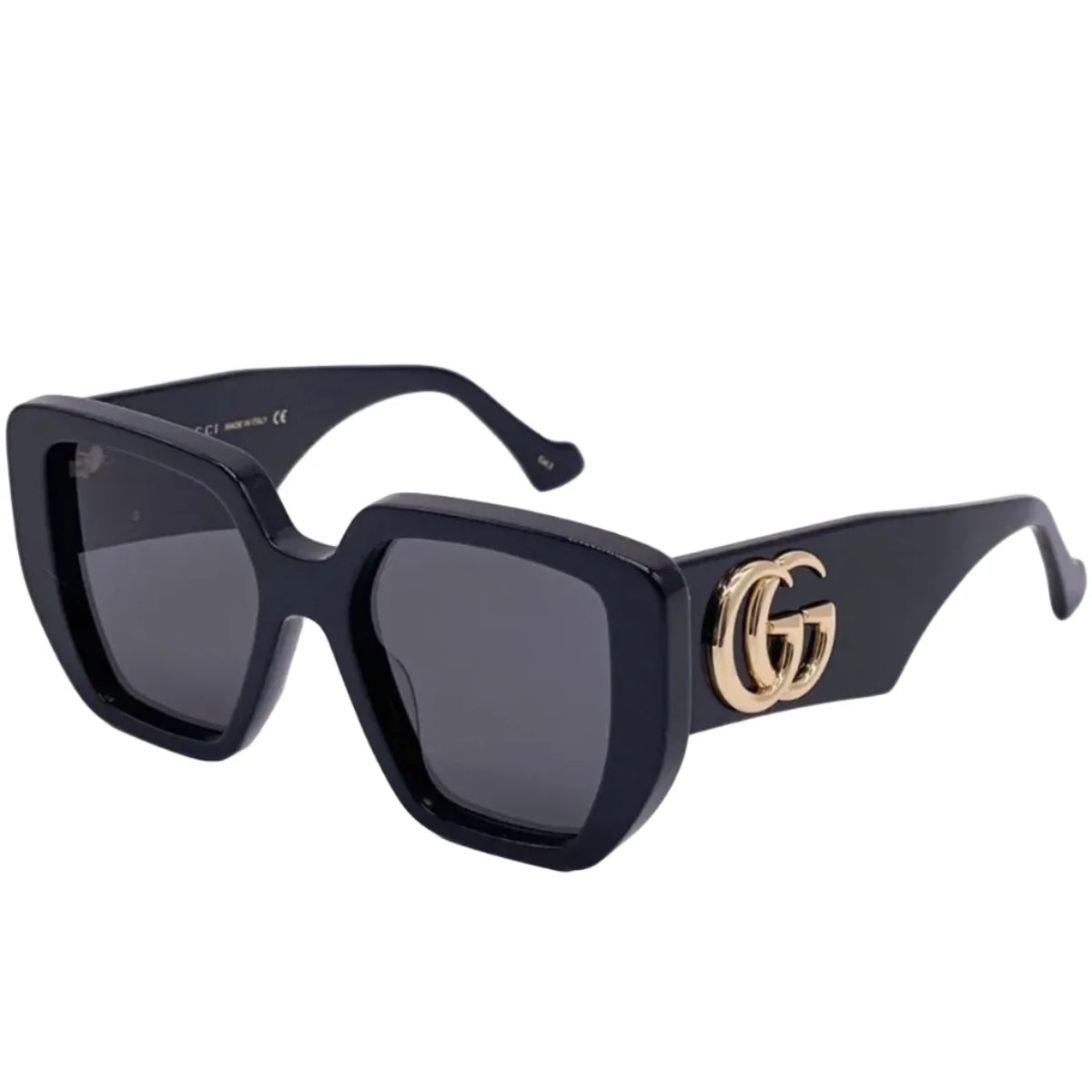 Black square-frame luxury sunglasses with gold GG logo on the temples