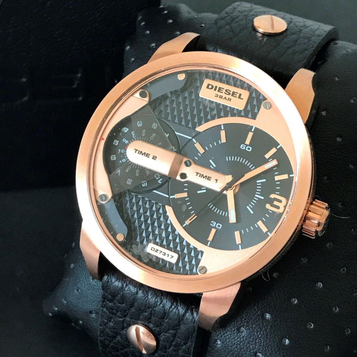 Diesel Mini Daddy Dual Time Black & Gold Dial Black Leather Strap Watch For Men - DZ7317