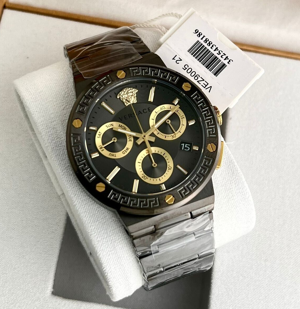 Versace Greca Icon Chronograph Black Dial Black Steel Strap Watch For Men - VEZ900521