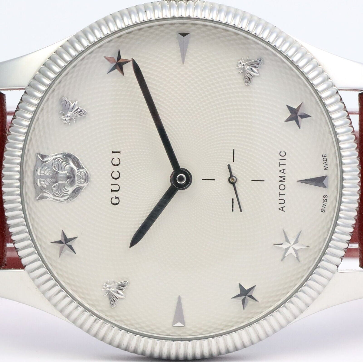 Gucci G Timeless Automatic Silver Dial Red Leather Strap Watch For Men - YA126346