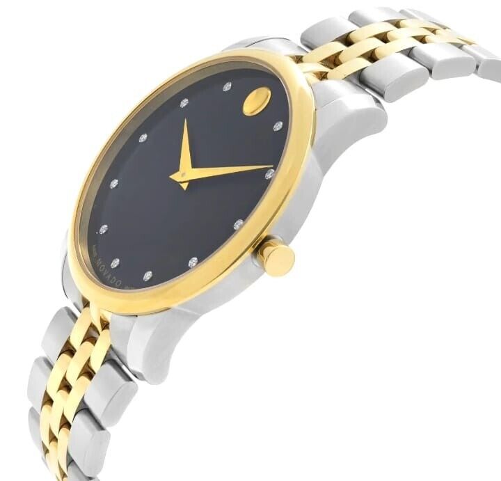 Movado Museum Classic Diamonds Black Dial Two Tone Steel Strap Watch For Men - 0606879