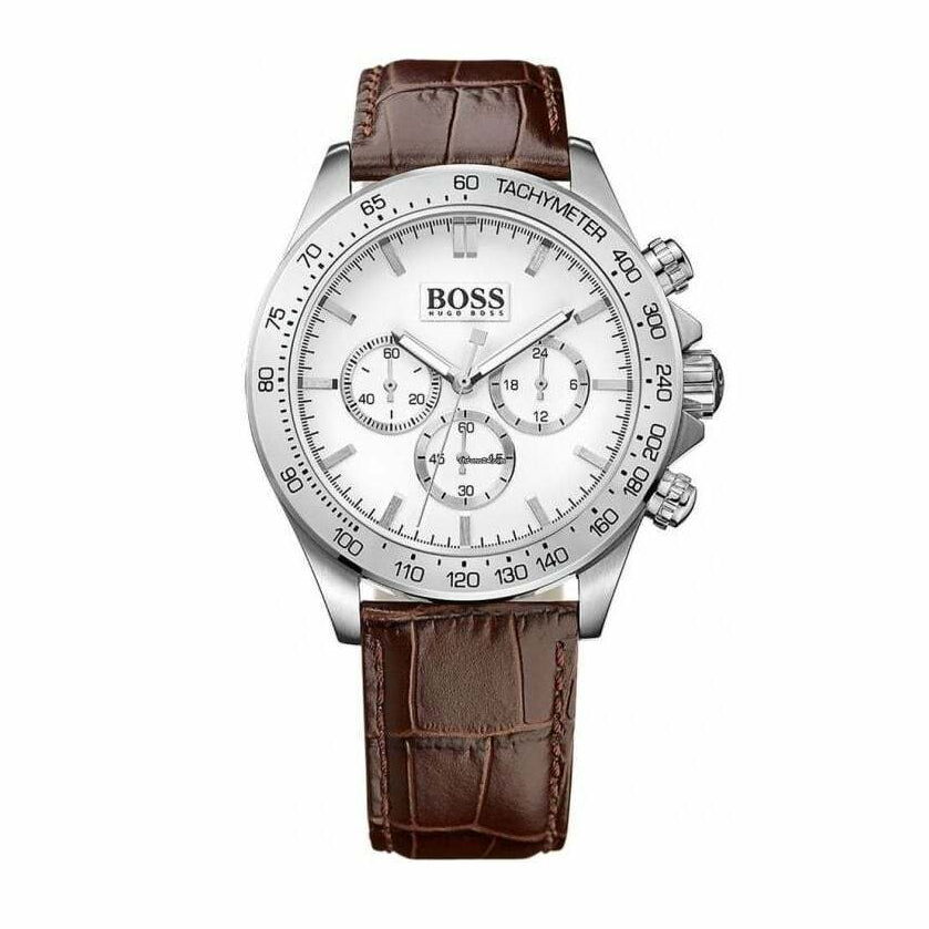 Hugo Boss Ikon Chronograph White Dial Brown Leather Strap Watch for Men - 1513175